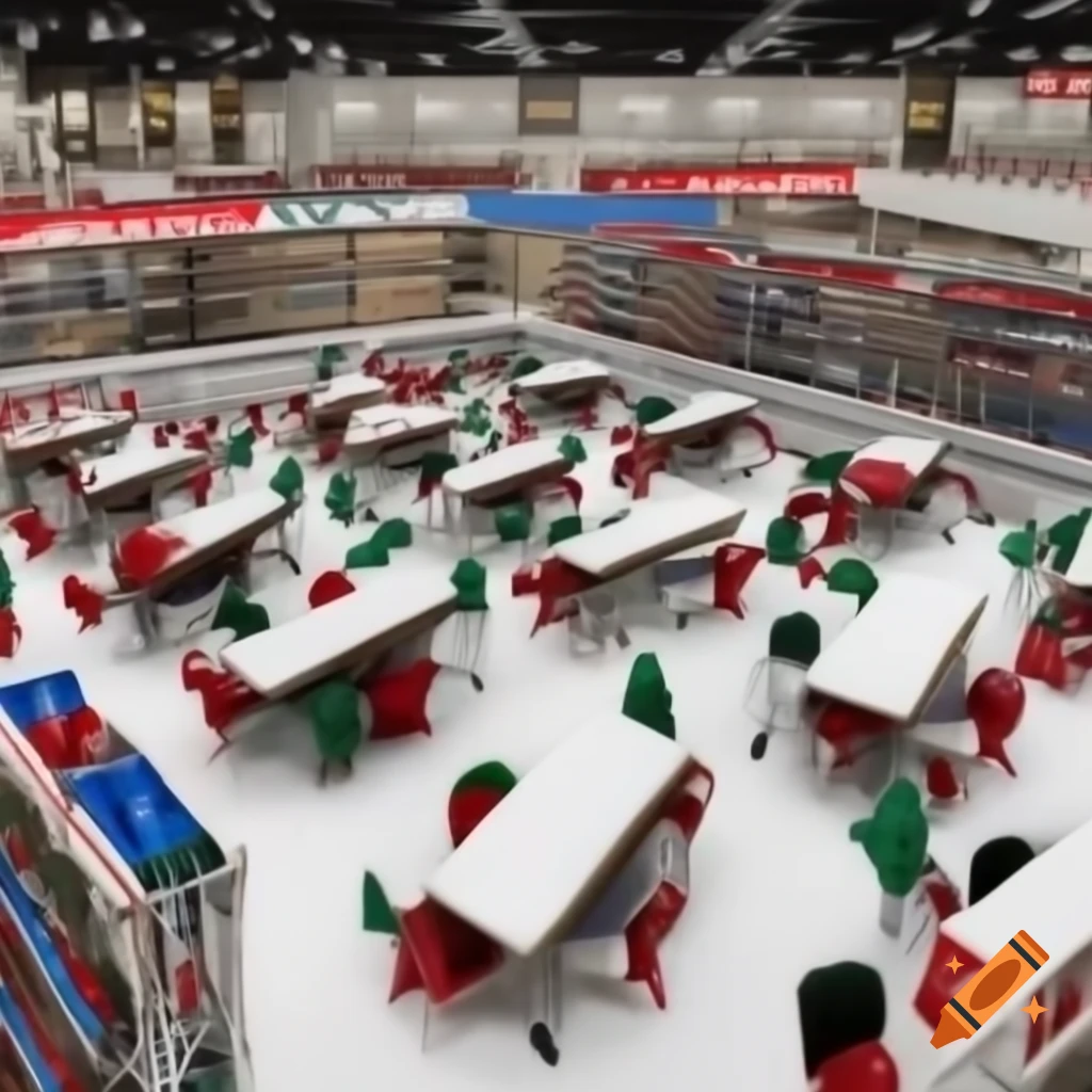 Christmas snow area divided into play arena for snow fights and workshop with tables and chairs