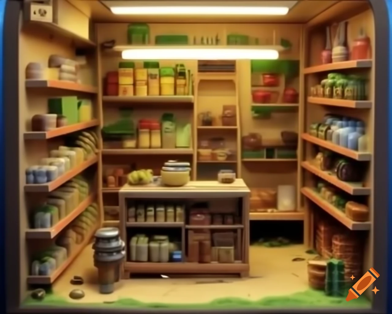 Mini diorama of a food store aisle, showcasing tiny details