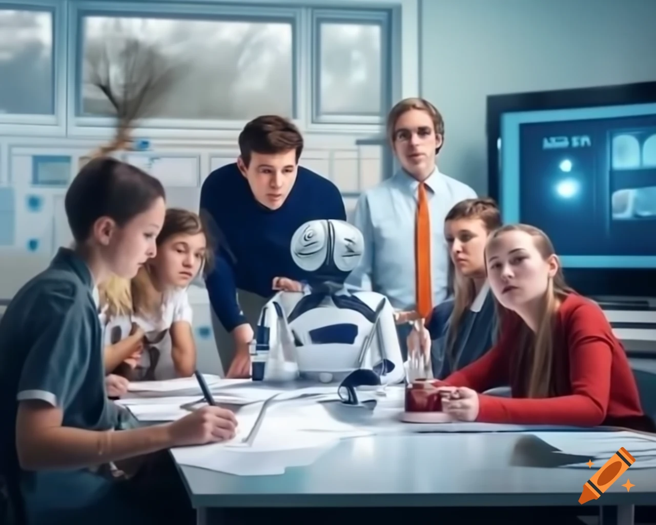 European people learning about AI in a classroom with digital tools