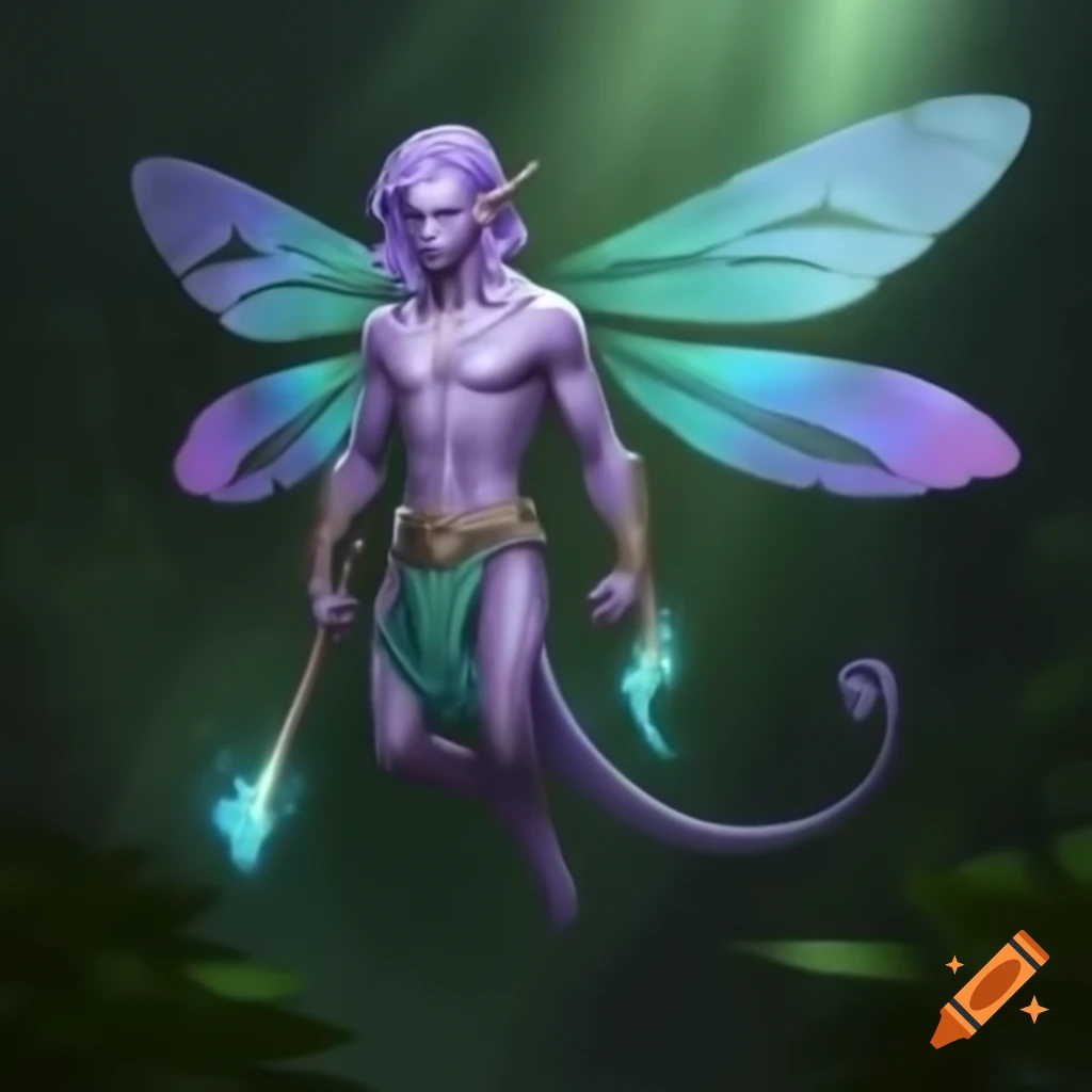 Dungeons & Dragons male sylph with elven ears, cerulean hair, and dragonfly wings