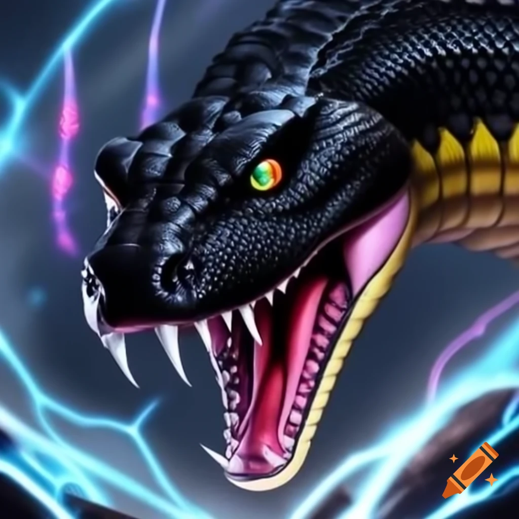 Mythical black snake with feathers, colorful tips, white eyes, and electric spikes