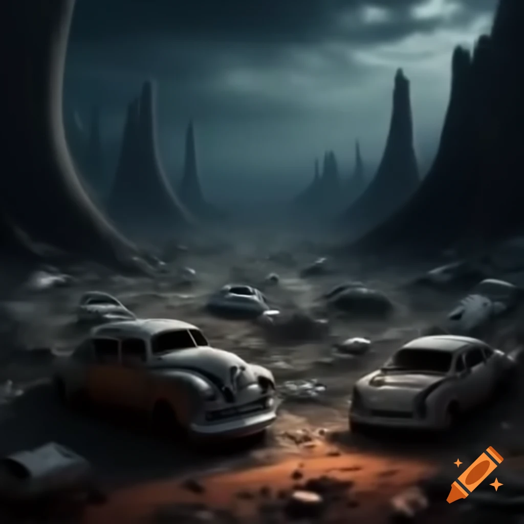 Ghosts in a haunted car junkyard at night with an eerie atmosphere