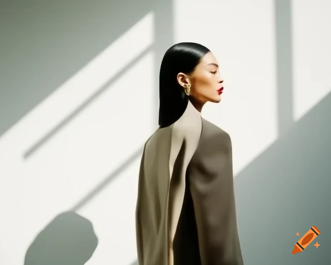 Fashion editorial featuring woman in designer blazer against futuristic wall