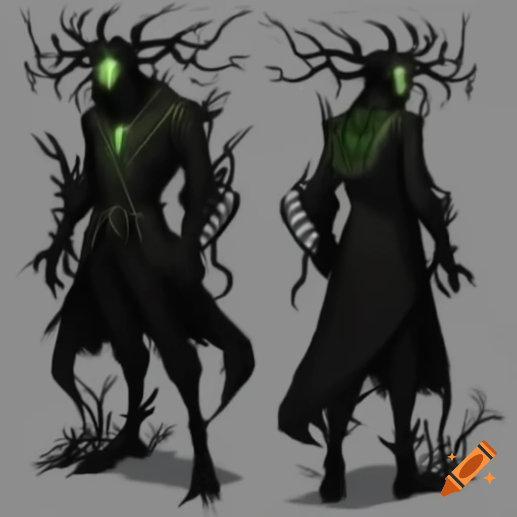 Darkthorn's suit made of dark fabric with intricate shifting leaf patterns