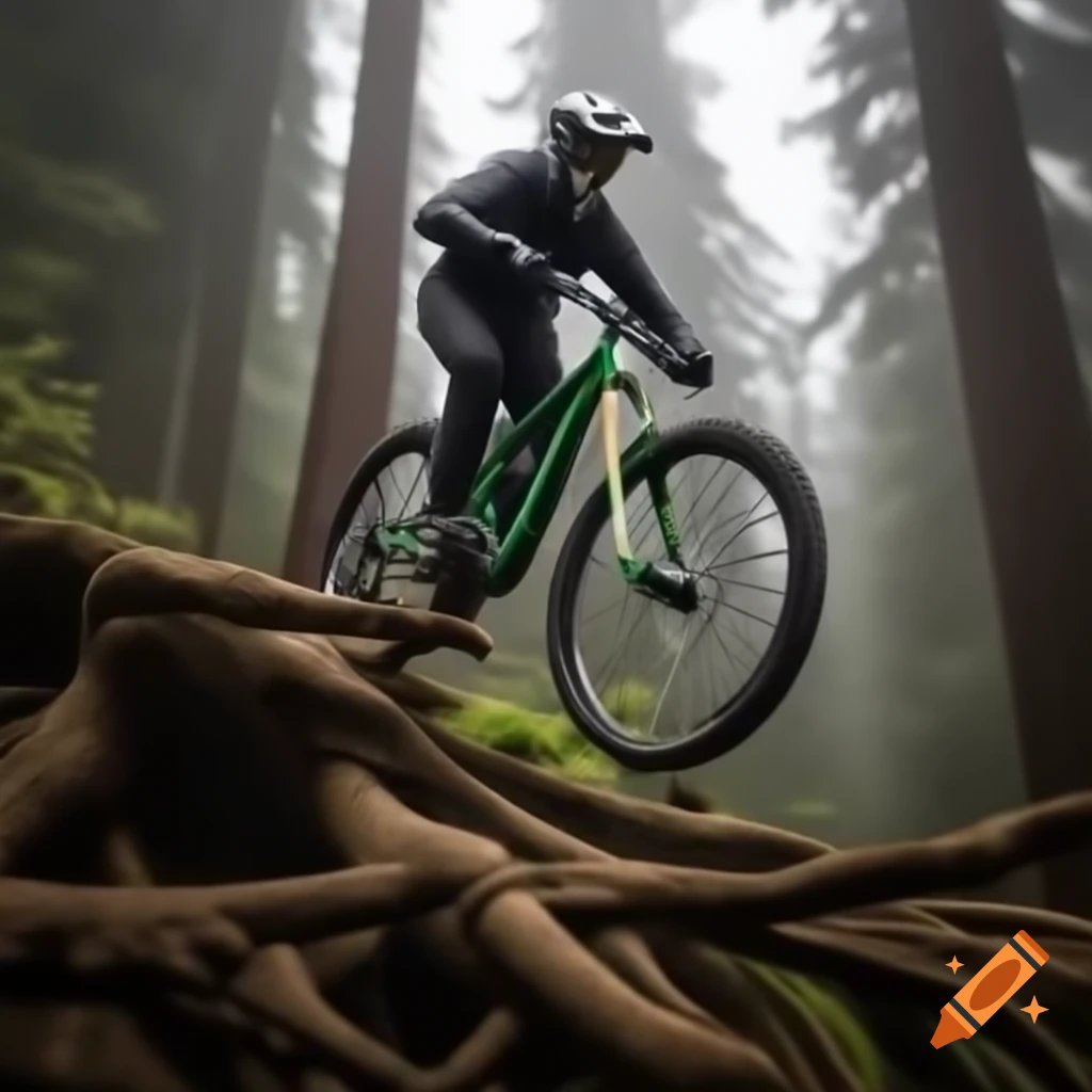 Tall man in silver helmet biking over roots in foggy Pacific Northwest forest