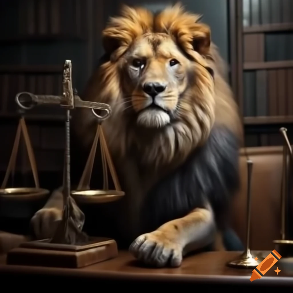 Majestic lion next to scales of justice with a confident expression