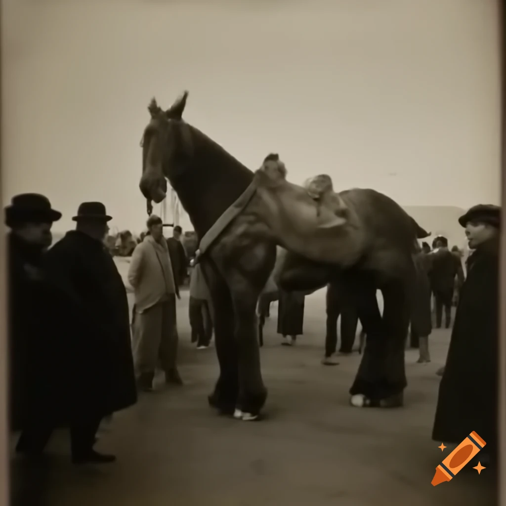 Vintage photo of giant horse surrounded by men, 1855