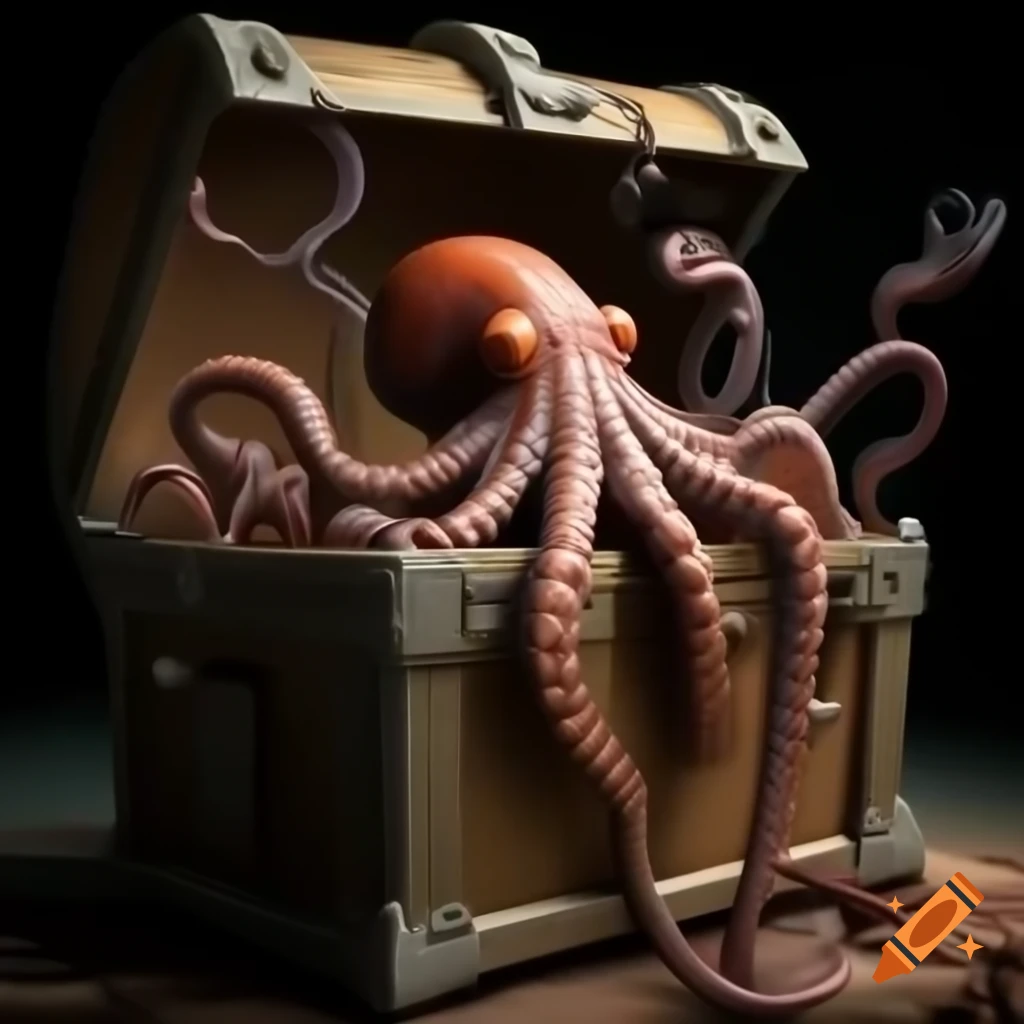Highly detailed octopus in treasure chest using tools