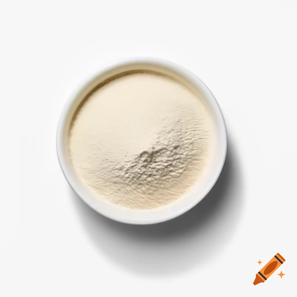 Top-down view of ramekin containing baking powder on white background
