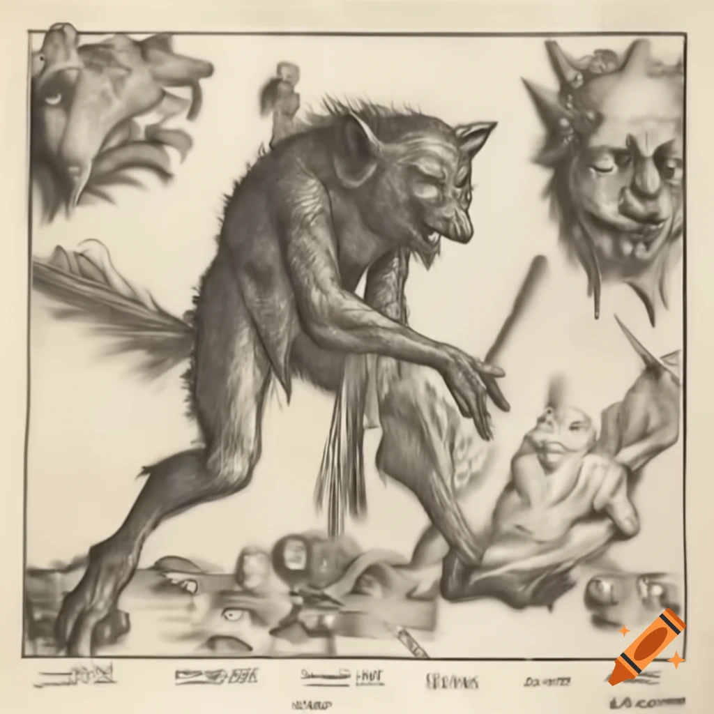 Detailed werewolf engraving with alchemical symbols in style of Albrecht Durer
