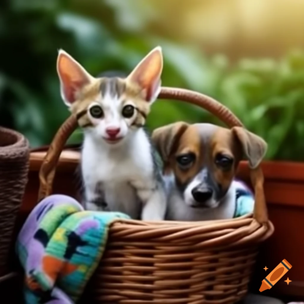 Small kitten and dog sitting together in a basket with colorful blanket outdoors