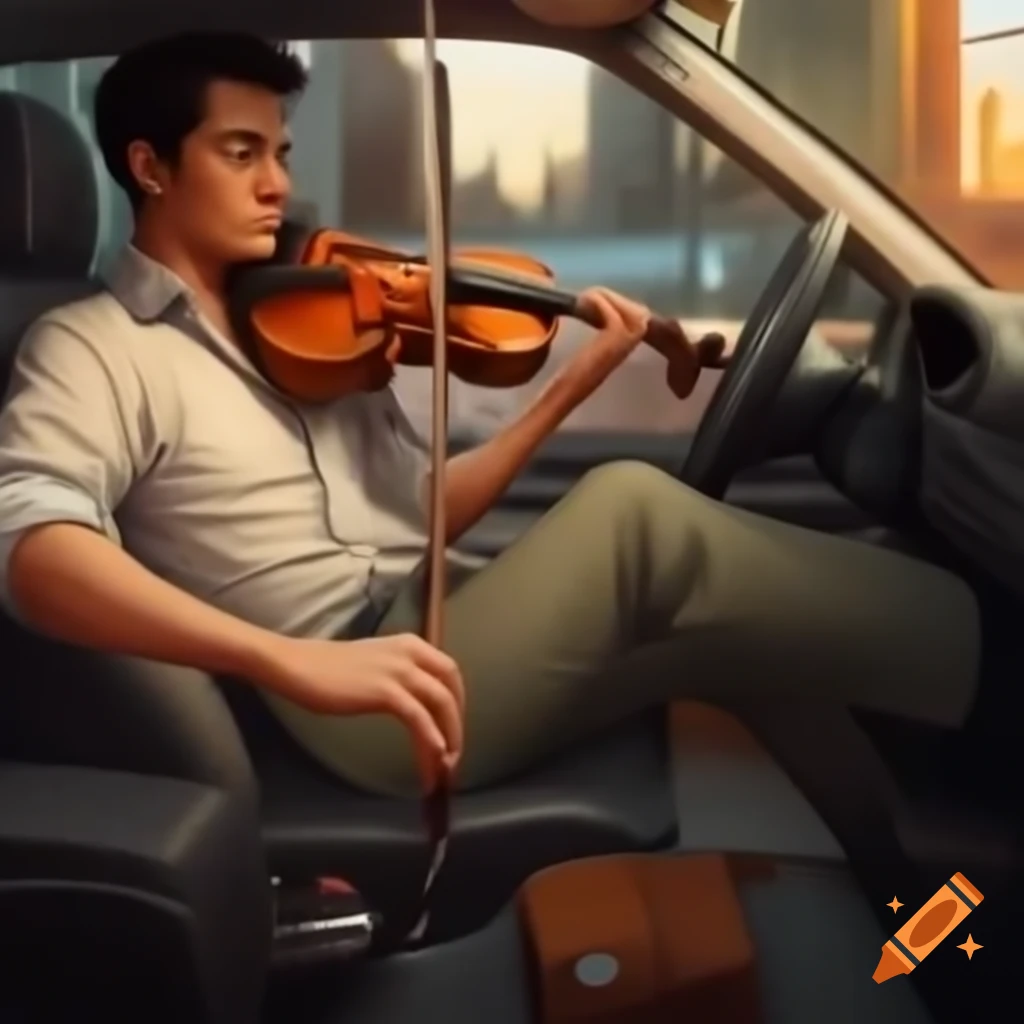 Violinist playing viola while driving a car in the city during sunset