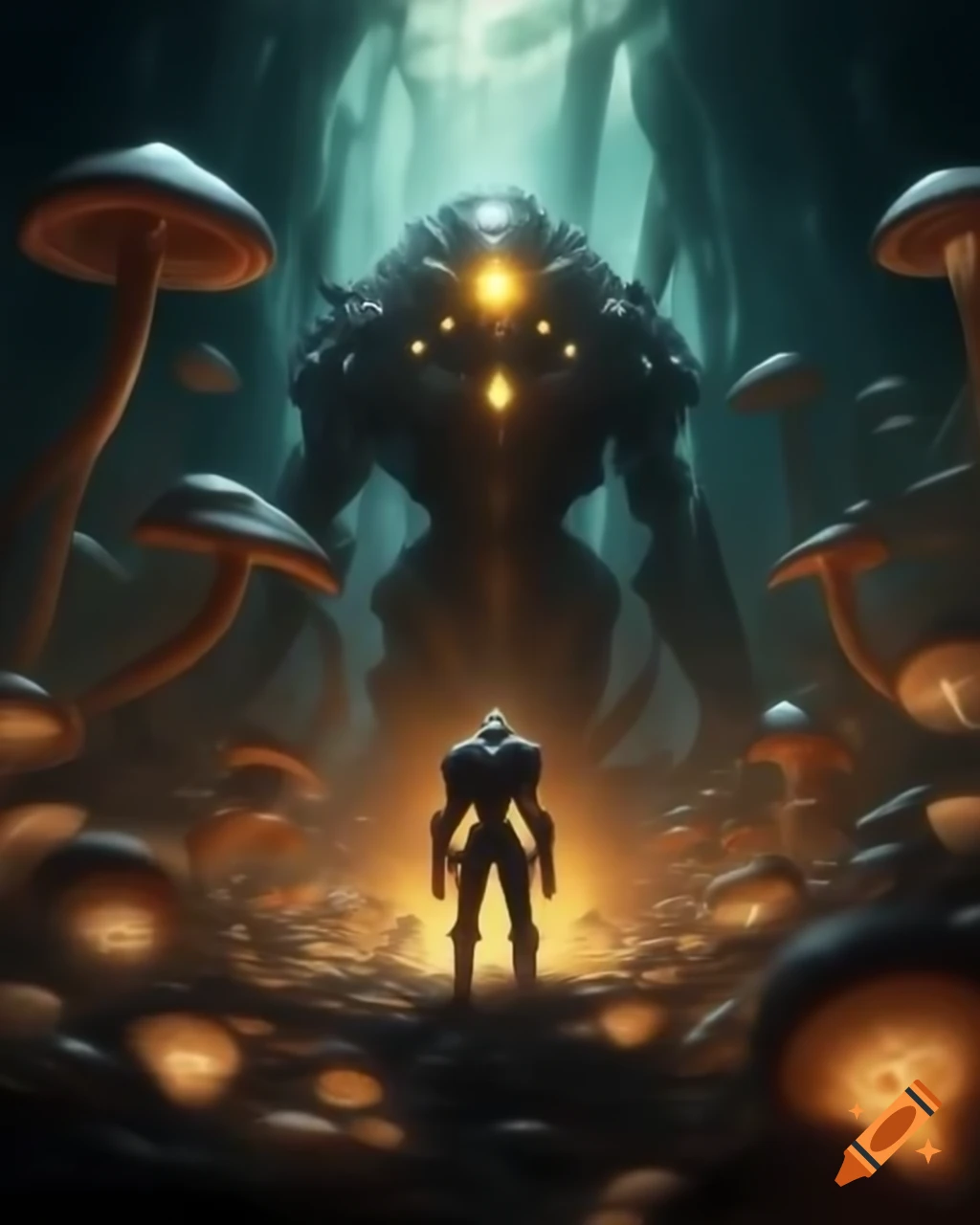 Silhouetted cyborg in luminous cavern with glowing mushrooms and emerging creature