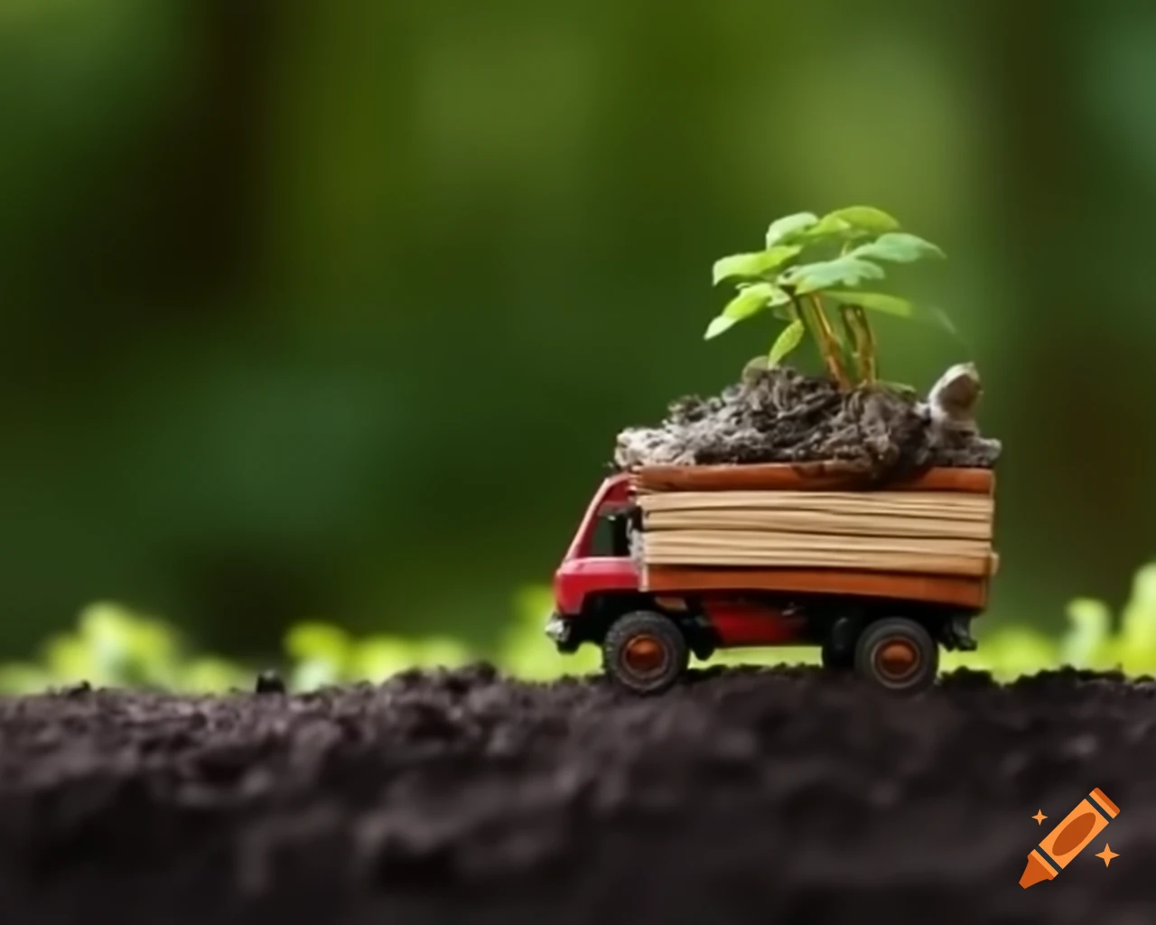 Tiny truck overflowing with lush green foliage creating a miniature oasis