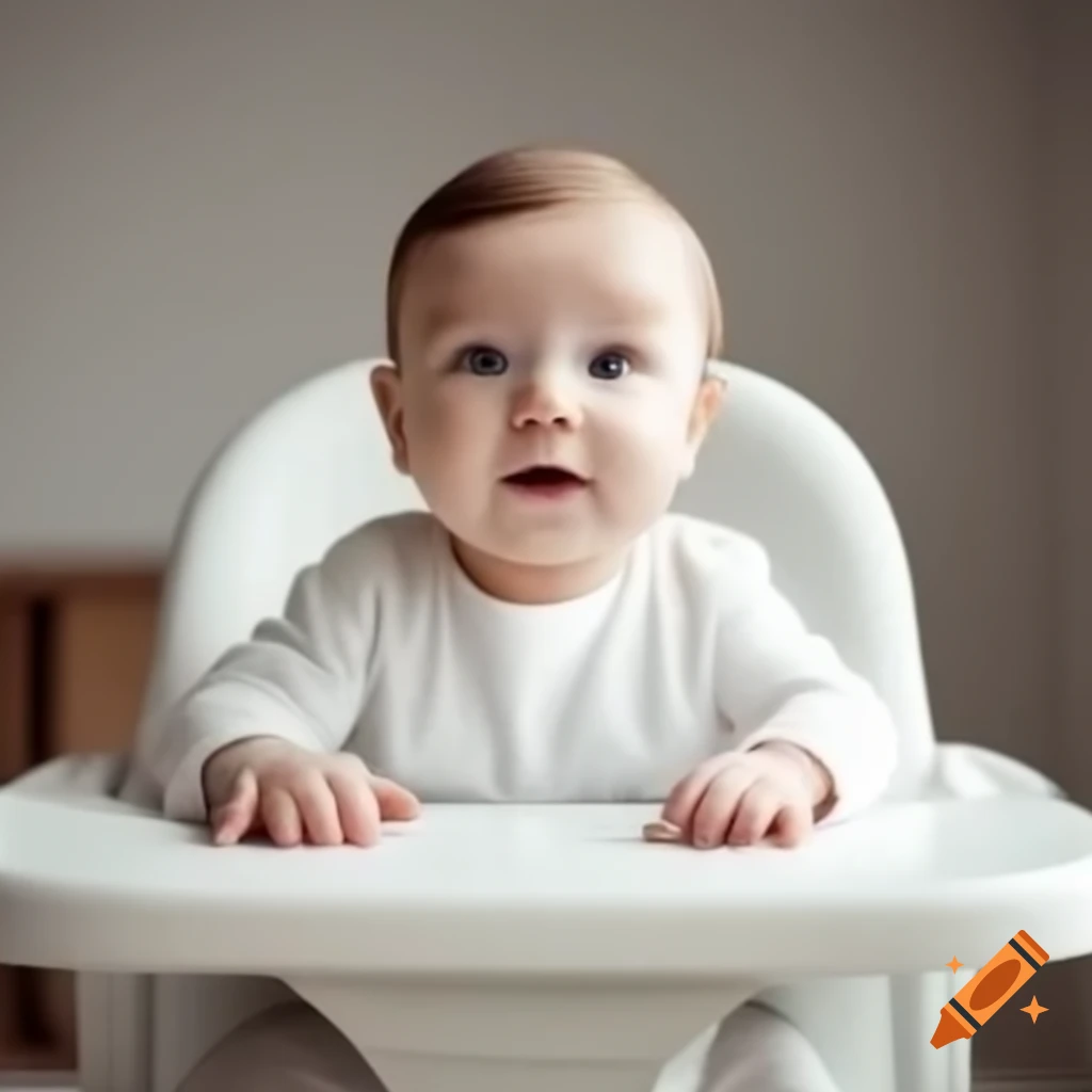 Cute baby in white onesie sitting in highchair on craiyon