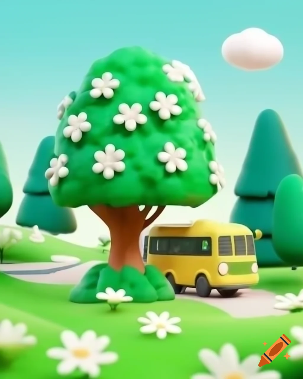 Kawaii 3D animated green tree with white flowers and yellow bus on hill in park