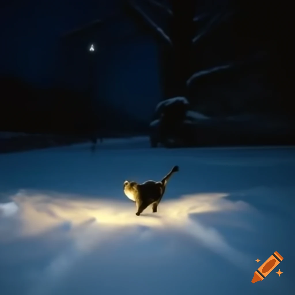 Cat walking in snow at night with bluish hue