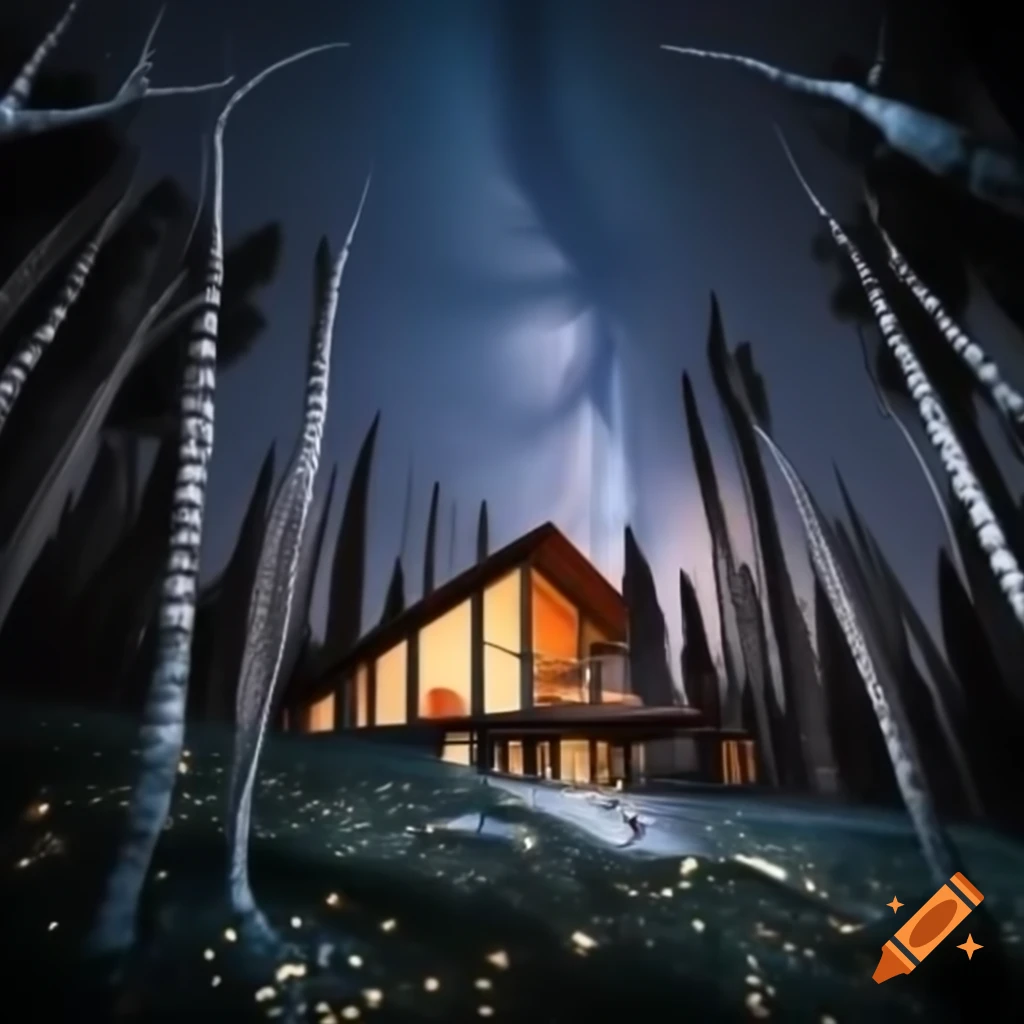 House in forest with sparkling trees and fireflies under a galactic sky