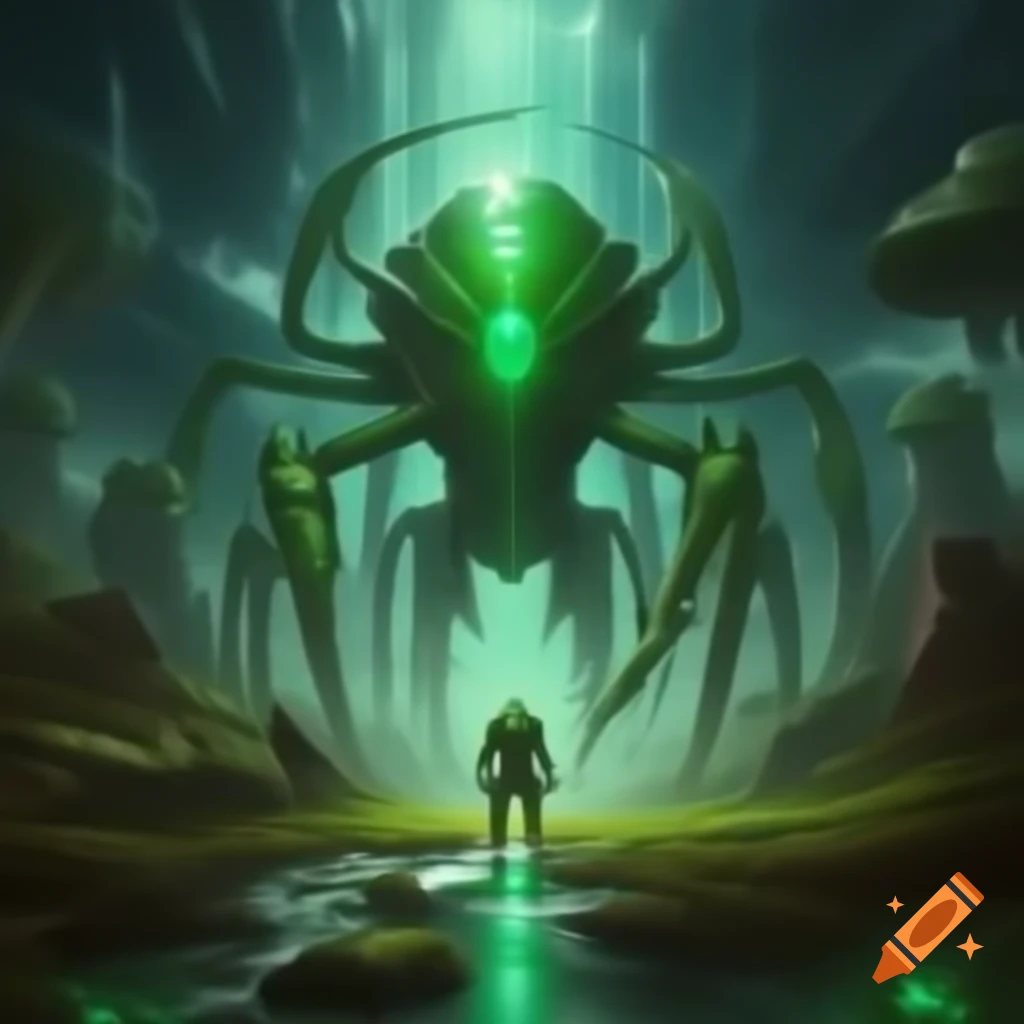 Monumental emerald-green scorpion with cybernetic armor in vibrant alien landscape