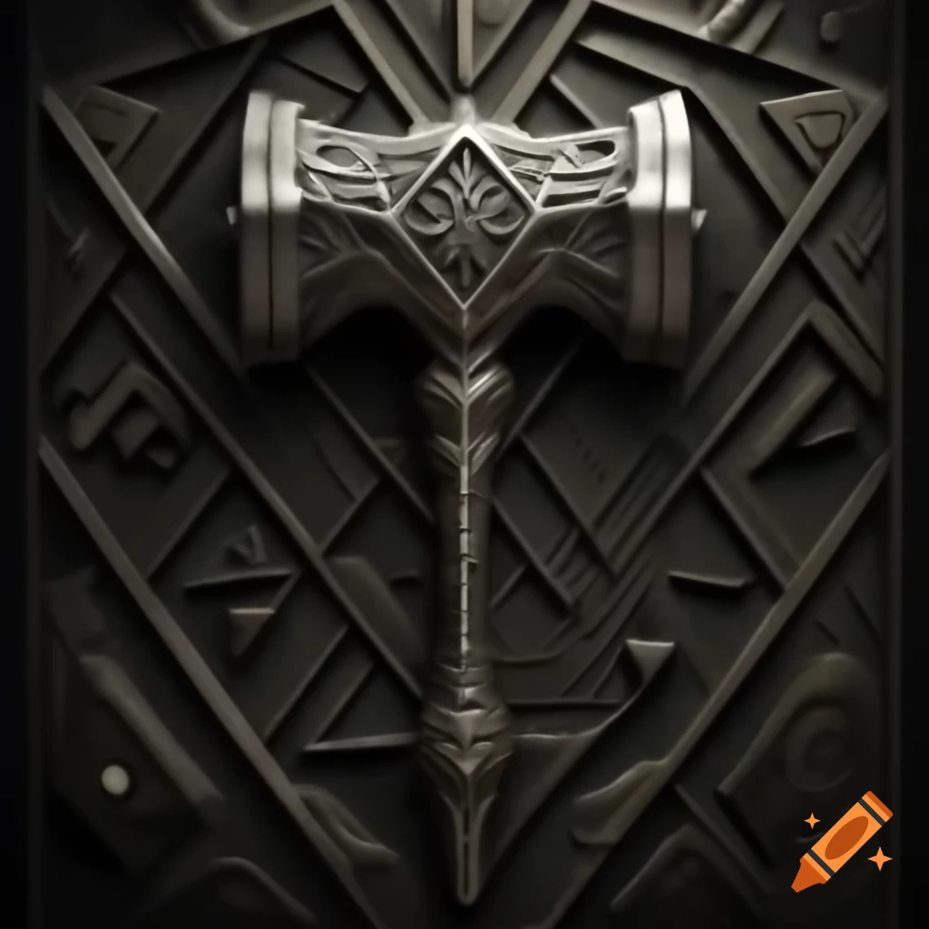 Photorealistic hammer engraved with dark geometric runes, a magical fantasy object