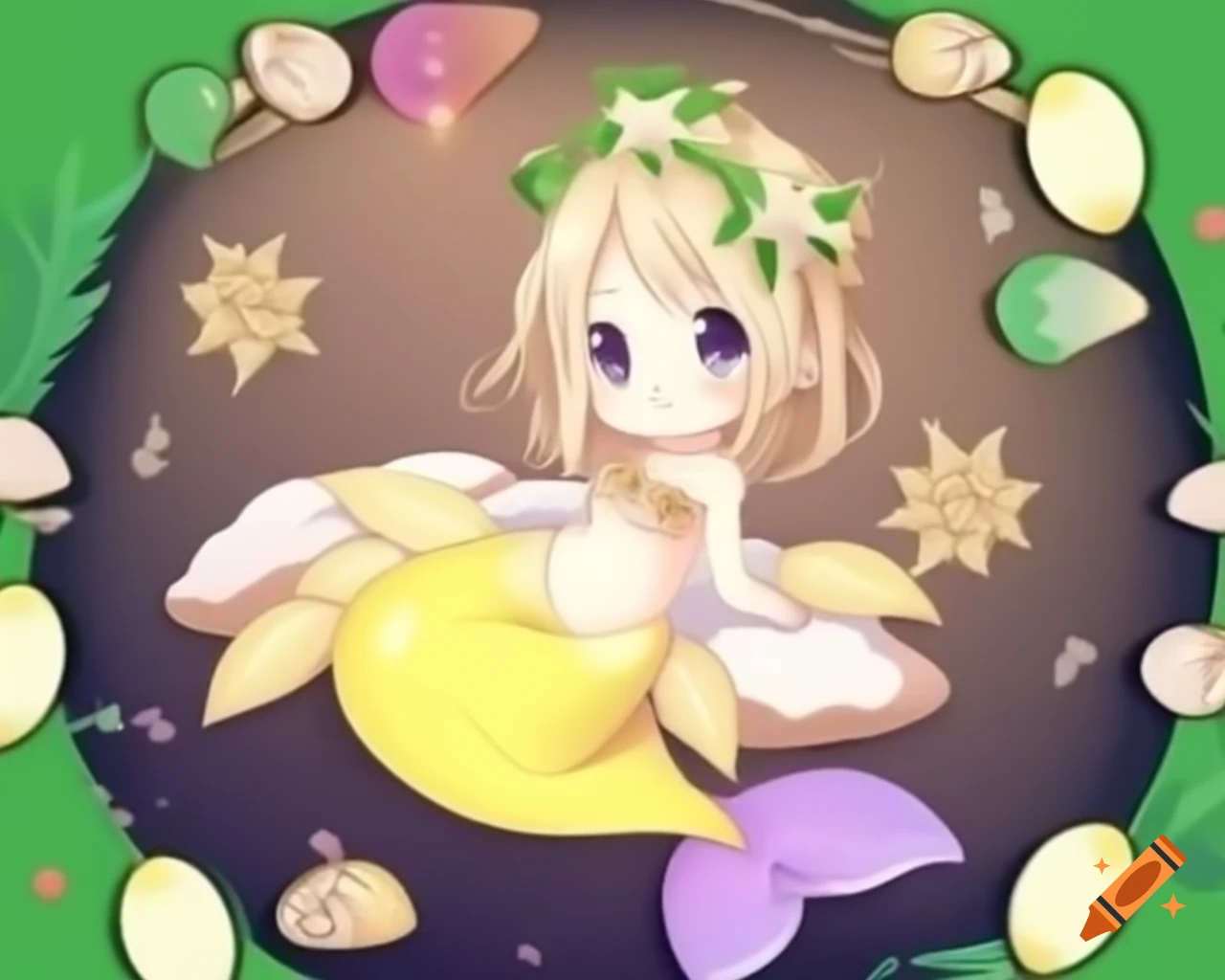 Cute baby mermaid with seaweed hair and shells in rainbow colors