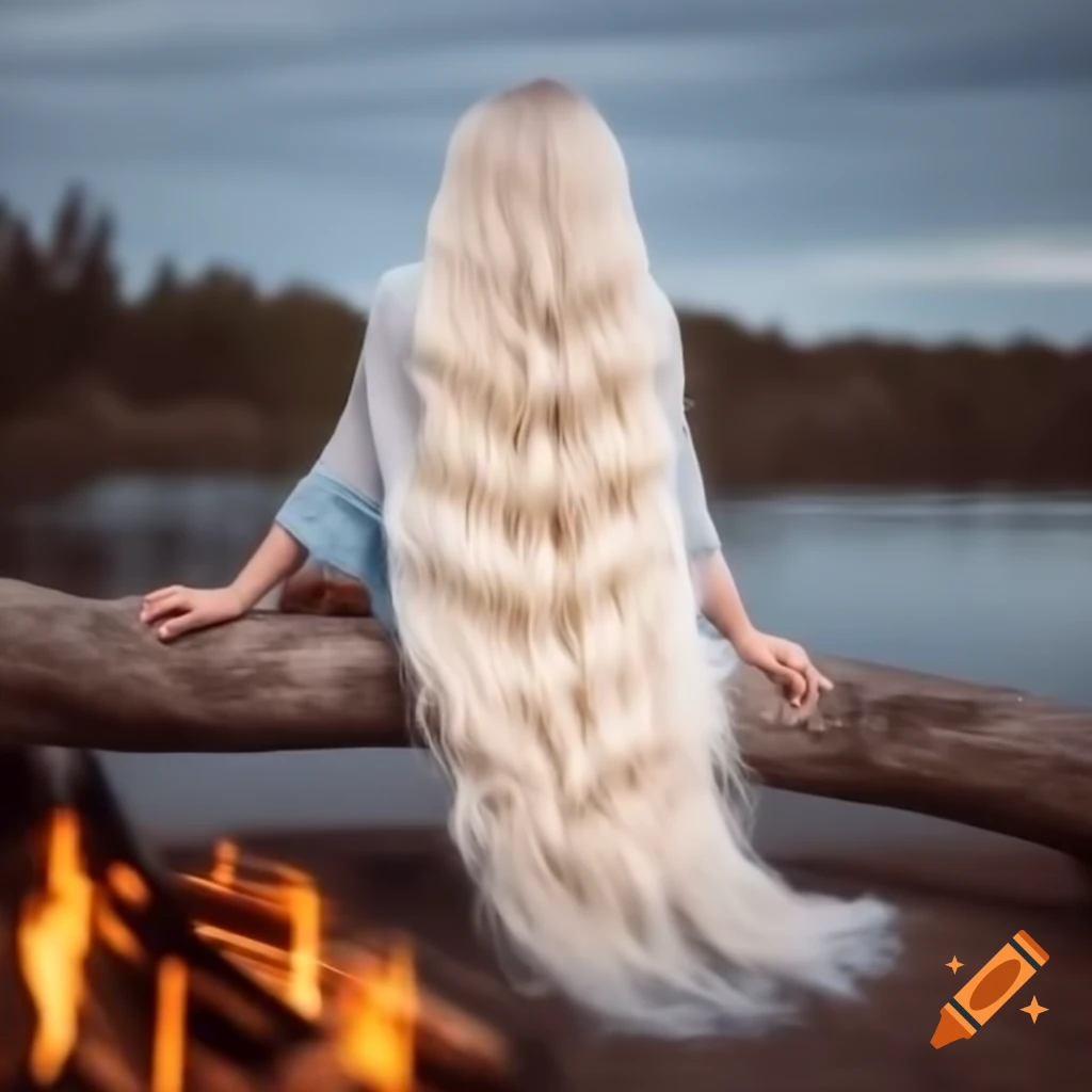 Woman in boho style dress sitting by campfire on tree log near water