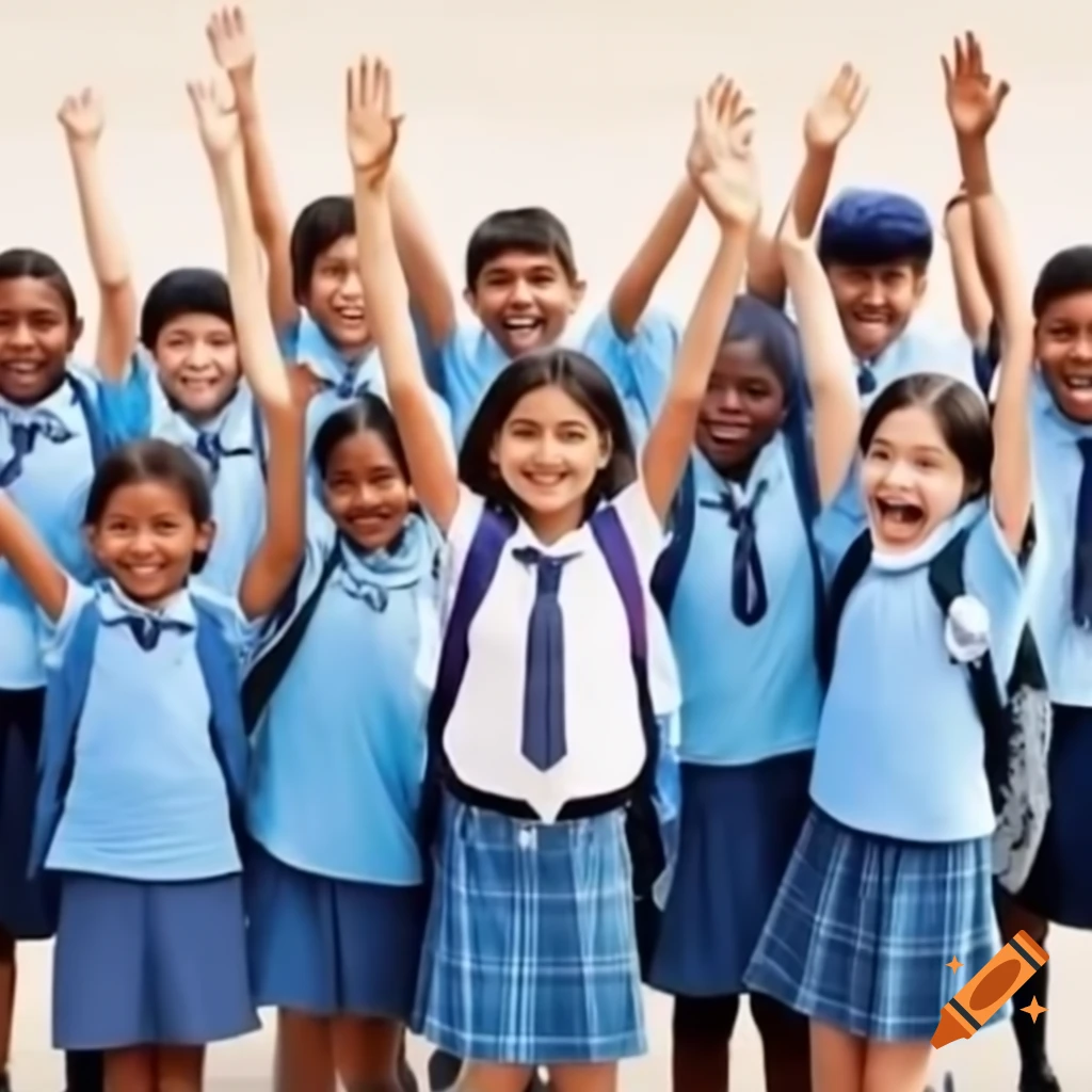 Youngsters in blue and navy uniforms standing proudly before their school