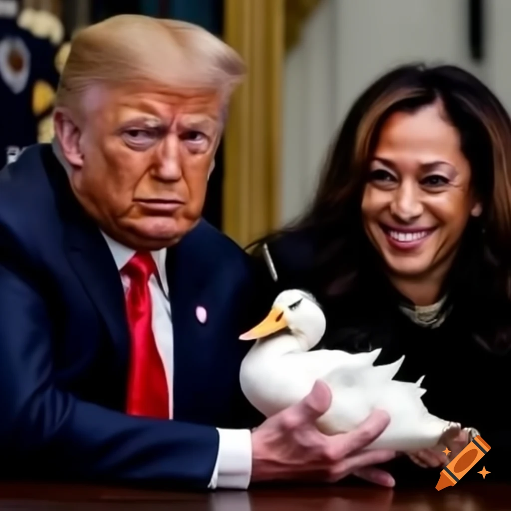 Trump and Kamala posing with a duck and a cat