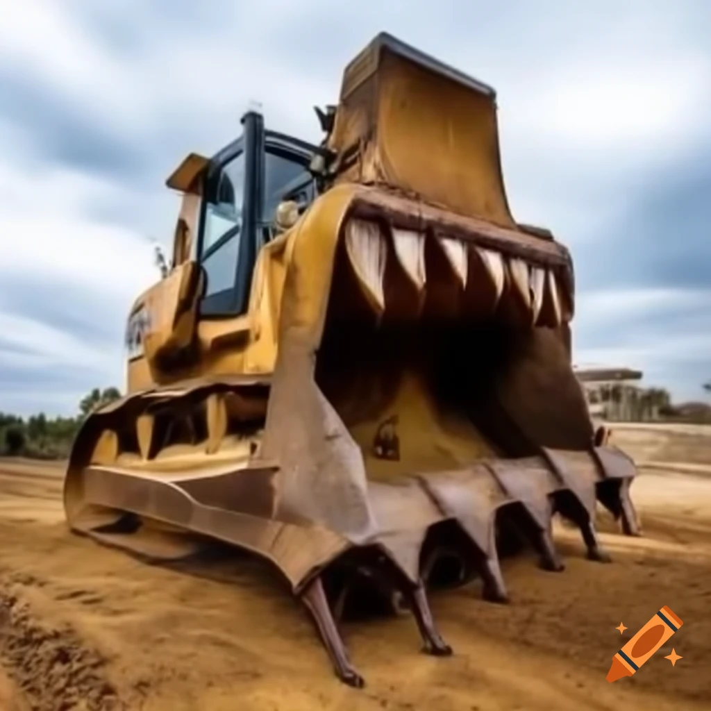 Bulldozer bucket shaped like a gorilla's mouth with teeth