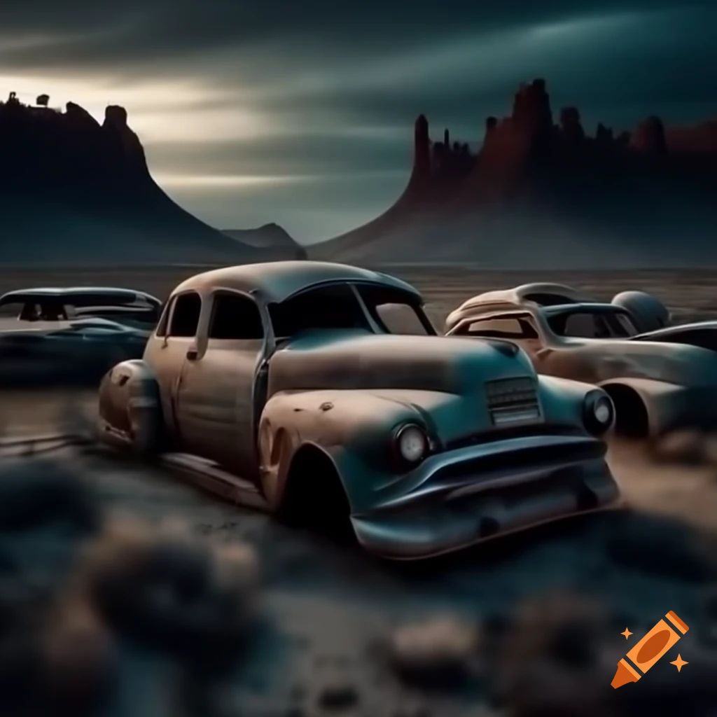 Haunted abandoned car junkyard in remote wilderness at night