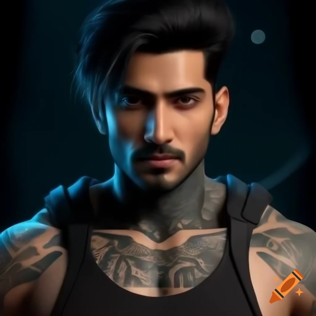 Photorealistic depiction of futuristic Indian male rebel with tattoos