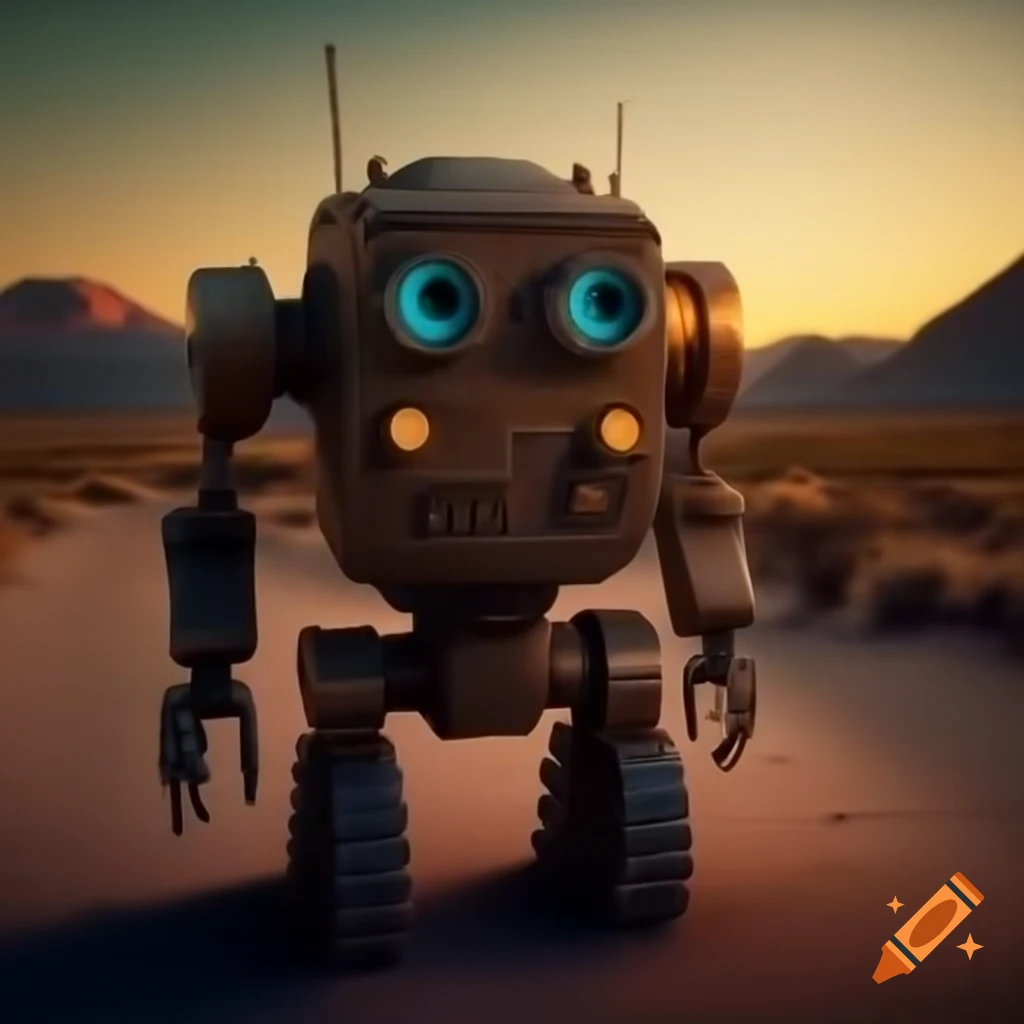 1930's robot walking into sunset, vintage movie poster style