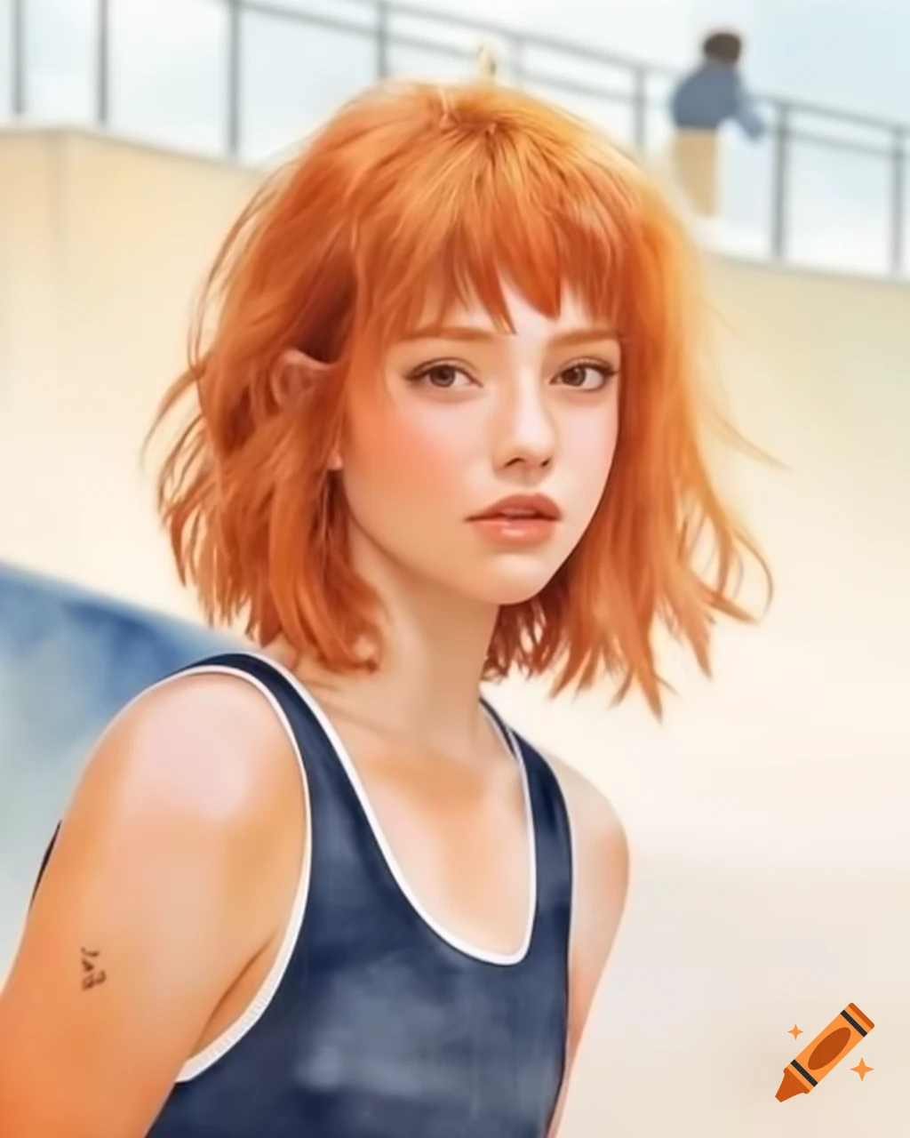 Yandere French female skater with ginger hair in tank top at skate park, ink and watercolor style