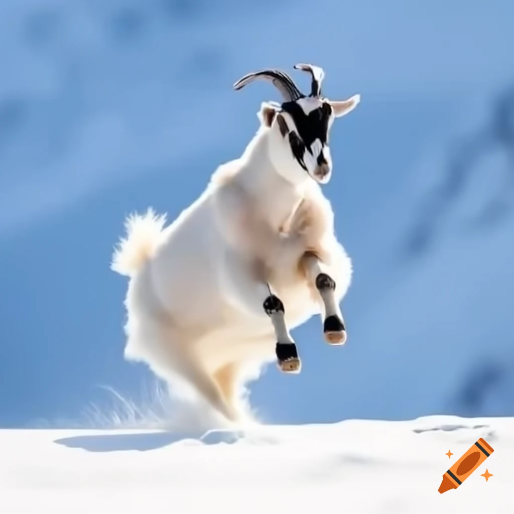 Goat gliding on snow