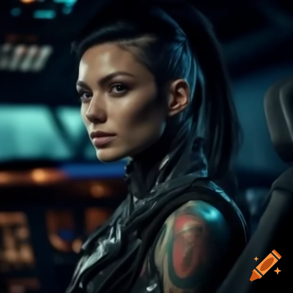 Futuristic female pilot with tattoos in a cockpit, photorealistic style