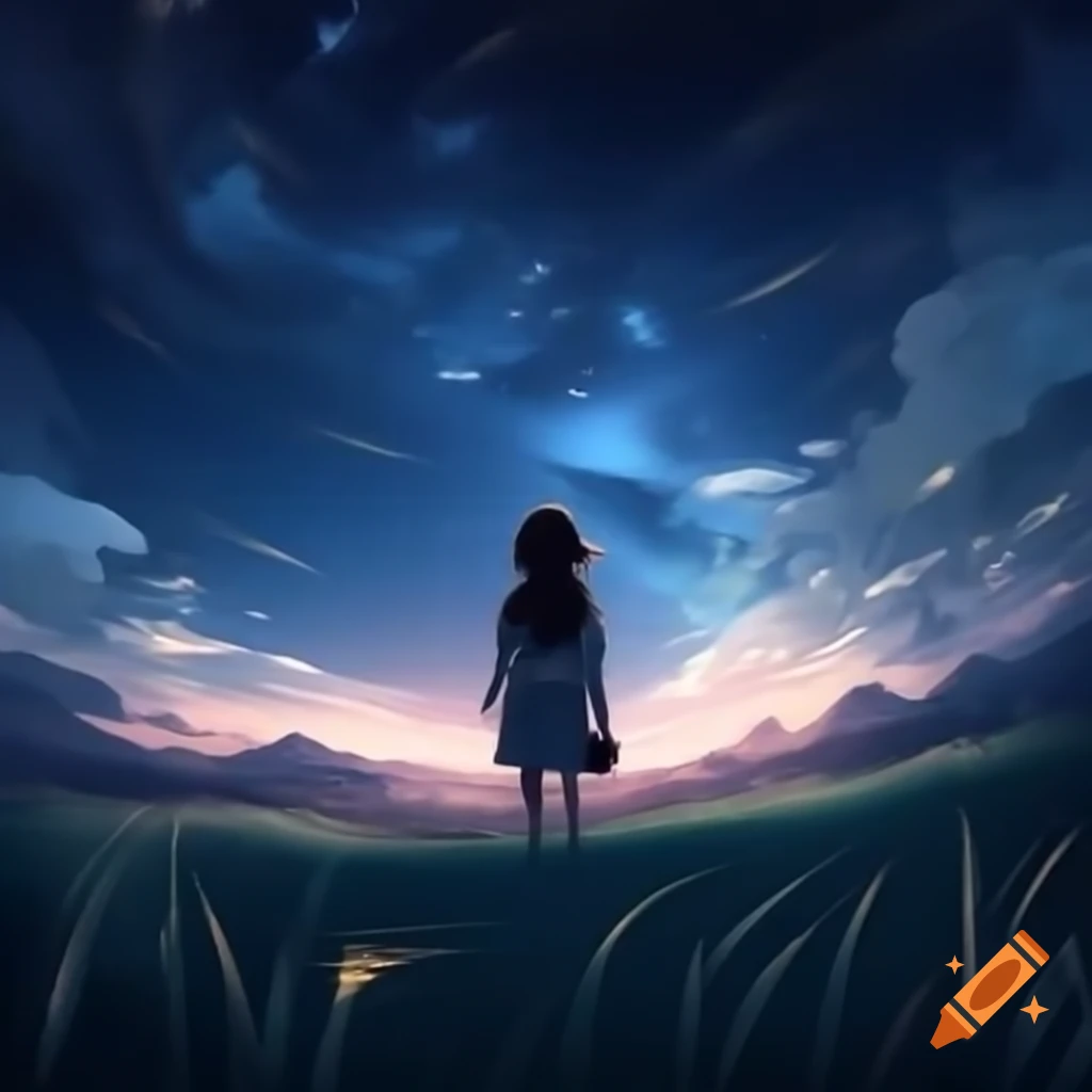 Beautiful night sky full of stars with a woman gazing at it from grassy terrain