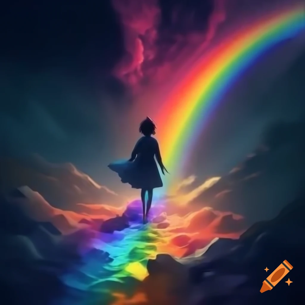 Digital art depicting a pathway into a rainbow