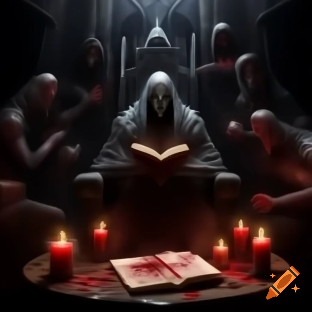 Dark entity reading in castle room with candles and blood in low light