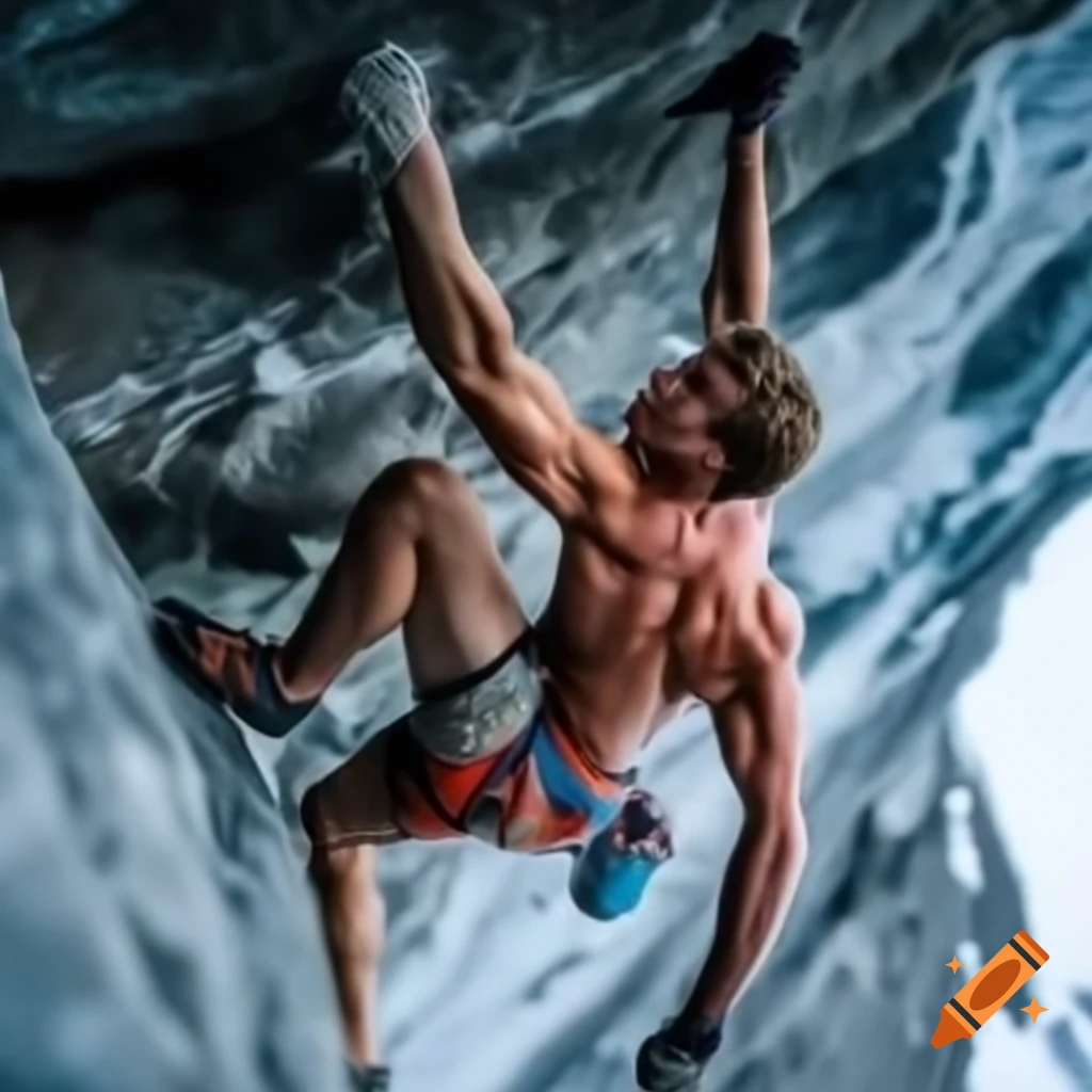 Mountain climber navigating icy heights with unwavering focus