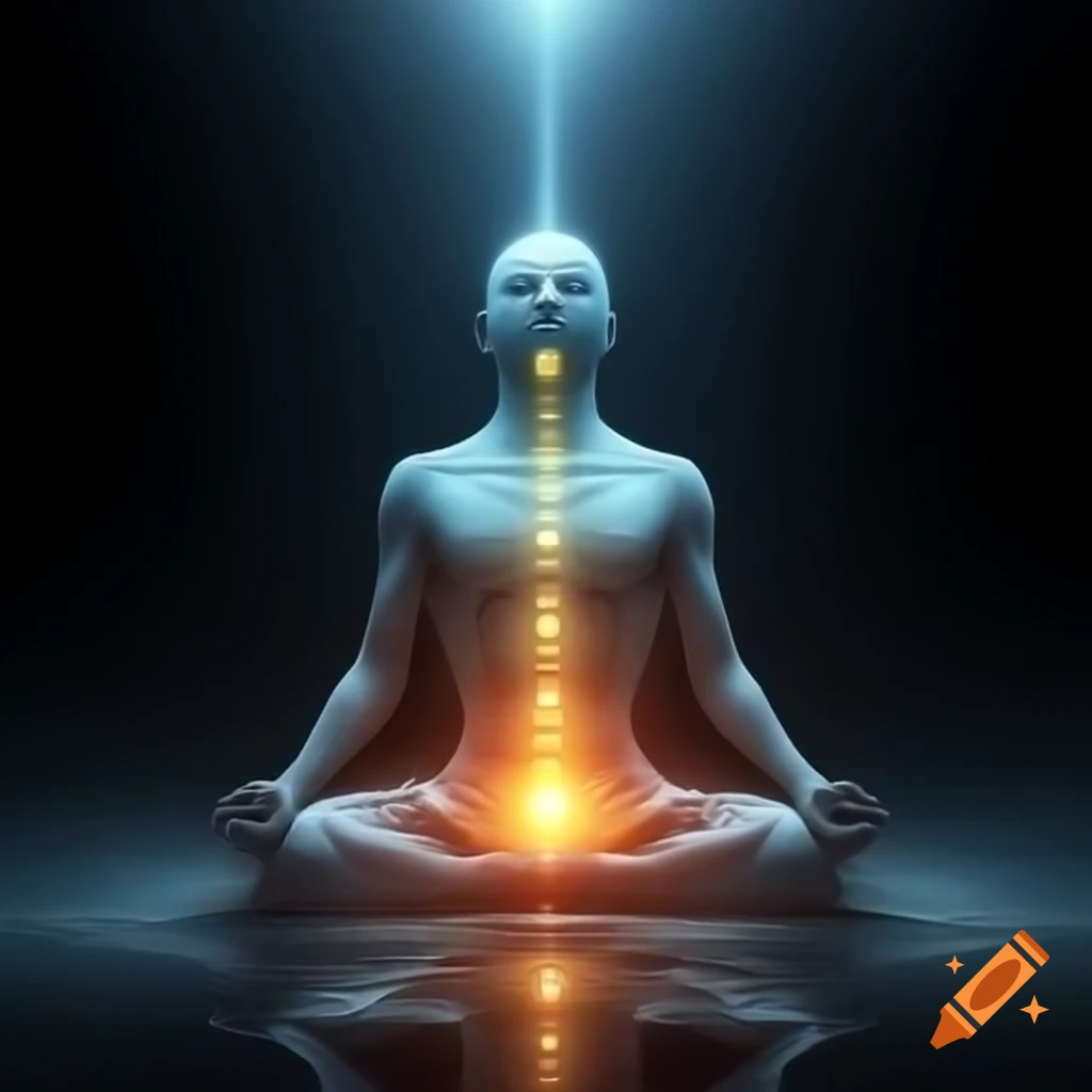 Glowing figure of light in meditative position emerging from darkness