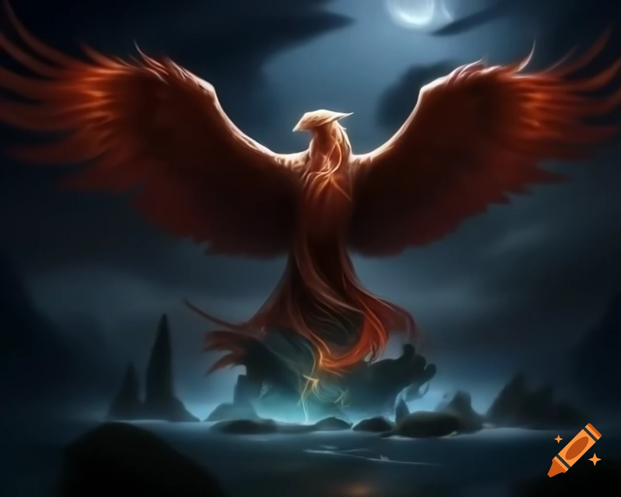 Majestic phoenix guarding floating island in dark fantasy scene