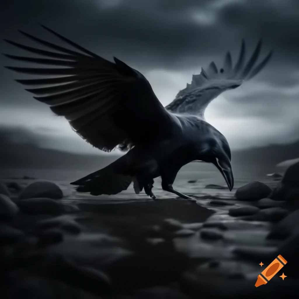 Black raven emerging from tar pit with glossy wings