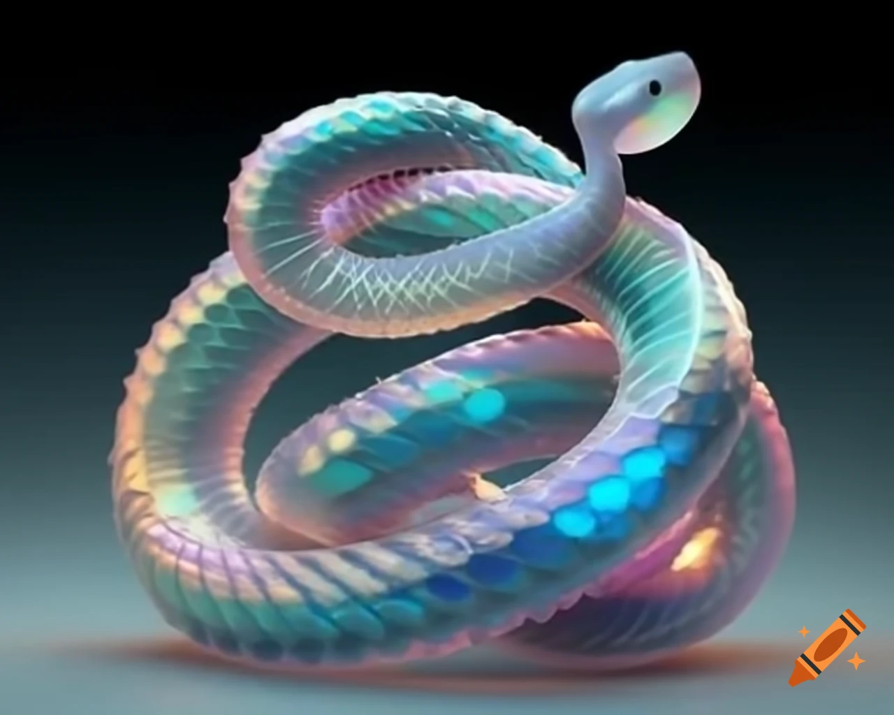 Sculpture of a sinuous crystal snake reflecting light with iridescent facets