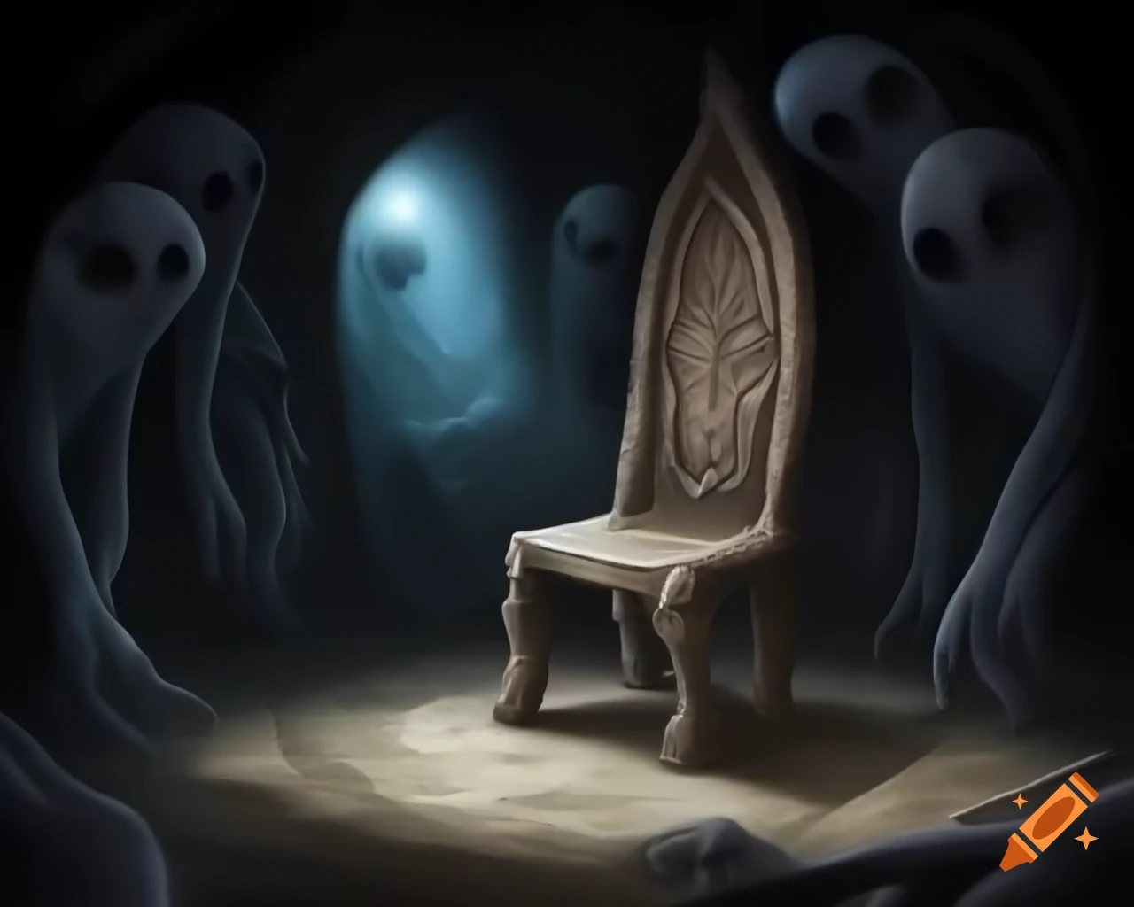 Intricately detailed sculpted wooden chair illuminated in white room