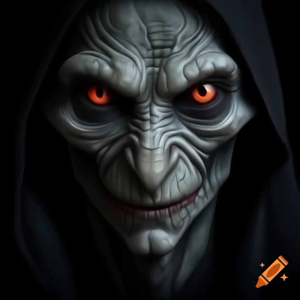 Spooky creature with black eyes, featuring a ghoul and vampire against black background