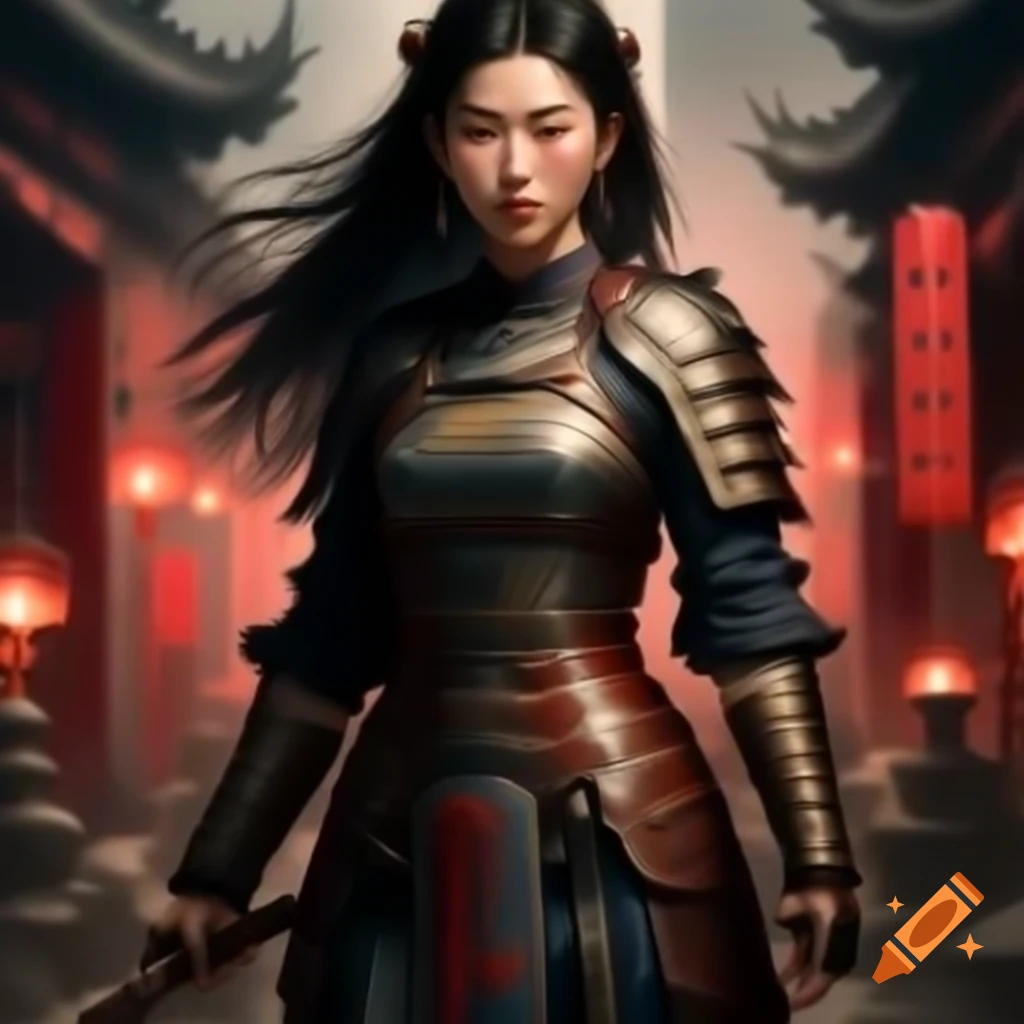 Chinese warrior princess in leather armor with long hair and red light backdrop