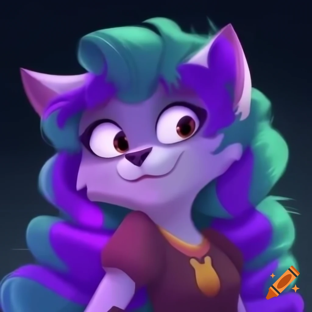 Anthropomorphic feminine wolf with purple and green hair in Disney style