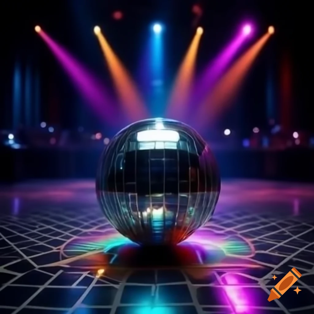 Vibrant disco ball illuminating dance floor with colorful rays of light in nightclub