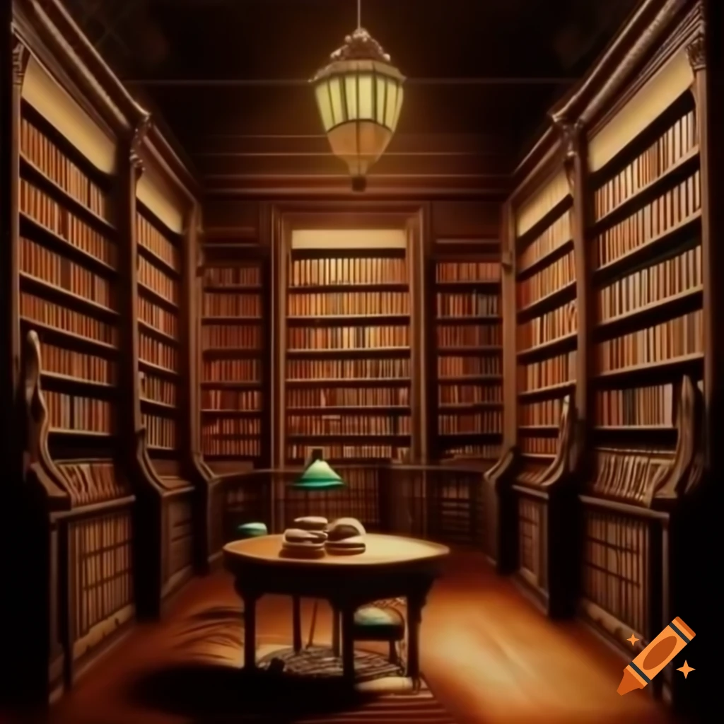 Classy oriental library bookshelf oil painting