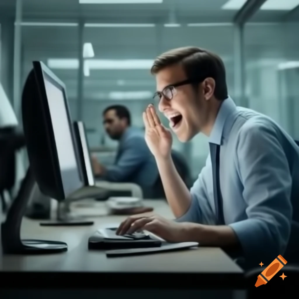 Business person behind computer celebrating good news